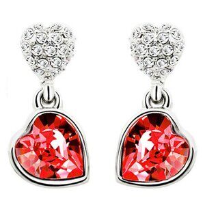 Double Heart Red Crystal Sterling Silver Dangle Earrings